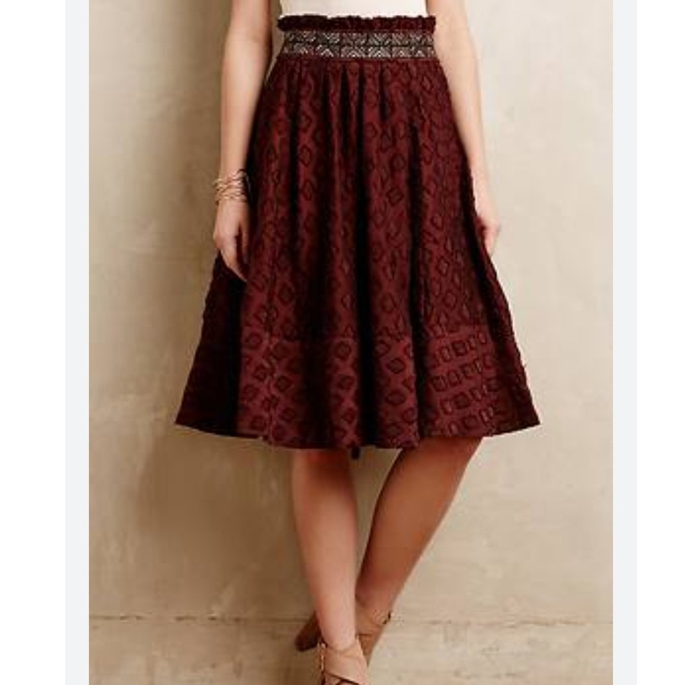 Maeve Anthropologie Diamond Jacquard Embroidered Waist Midi Skirt Size 10